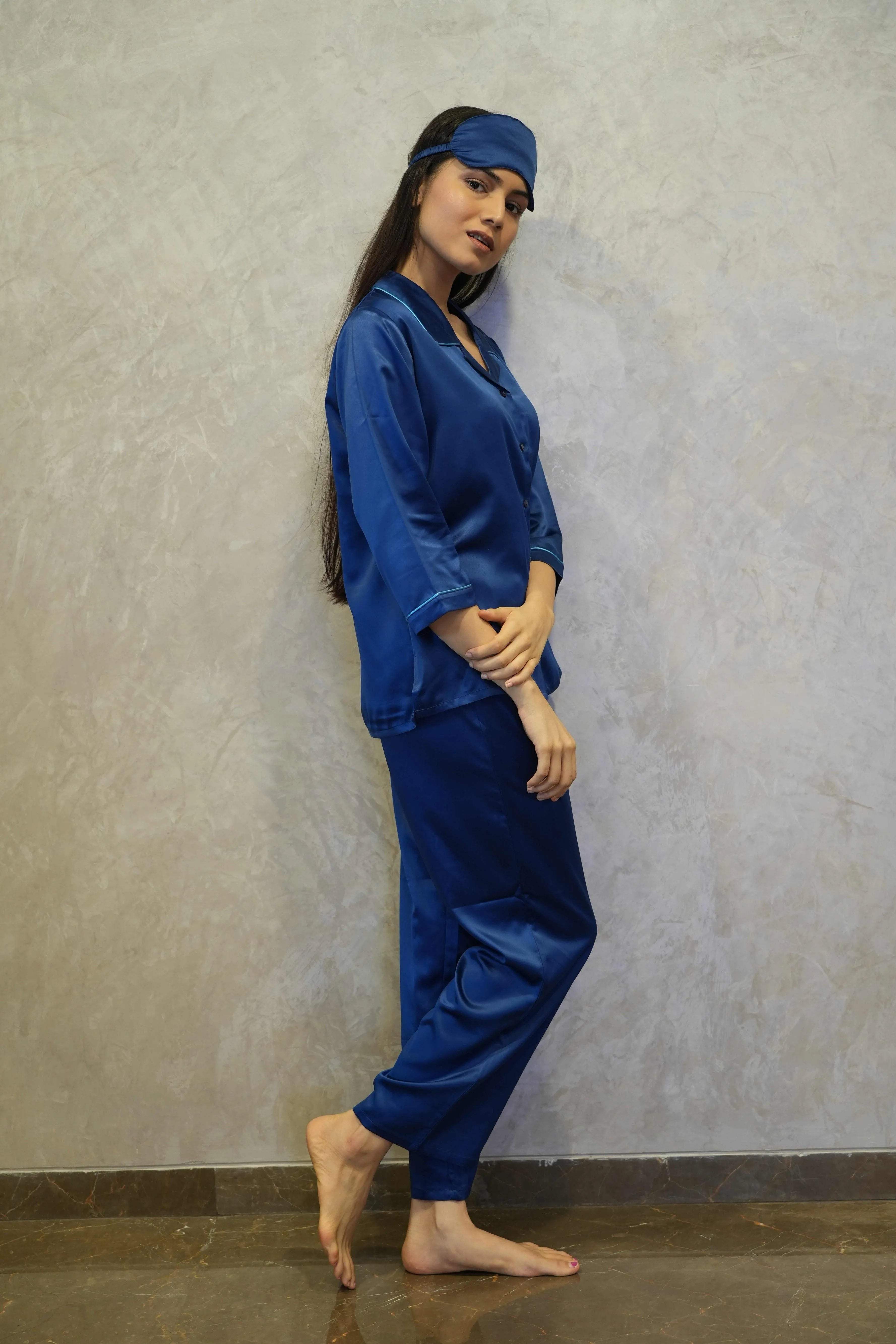 Velure Magnificent Satin Night Suit - Velure - - 3/4 Sleeves, Collar Neck, Eye Mask, Front Button Open, Full Length Pant, Satin