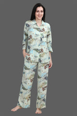 Velure Trendy Leaves Print Palazzo Co-ord Set - Velure - Long Top and Pant - 3/4 Sleeves, Collar Neck, Front Button Open, Full Length Pant, Linen