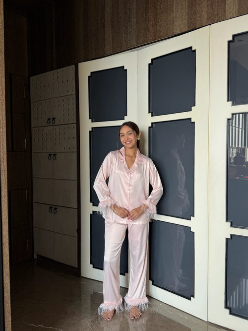 Velure Joyful Fur Satin Night Suit - Velure - Shirt and Pant - Collar Neck, Front Button Open, Full Length Pant, Full Sleeves, Fur, Satin
