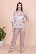 Velure Peach Casual Stripes Satin Night Suit - Velure - - 3/4 Sleeves, Collar Neck, Front Button Open, Full Length Pant, Satin, Stripes
