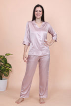 Velure Peach Casual Stripes Satin Night Suit