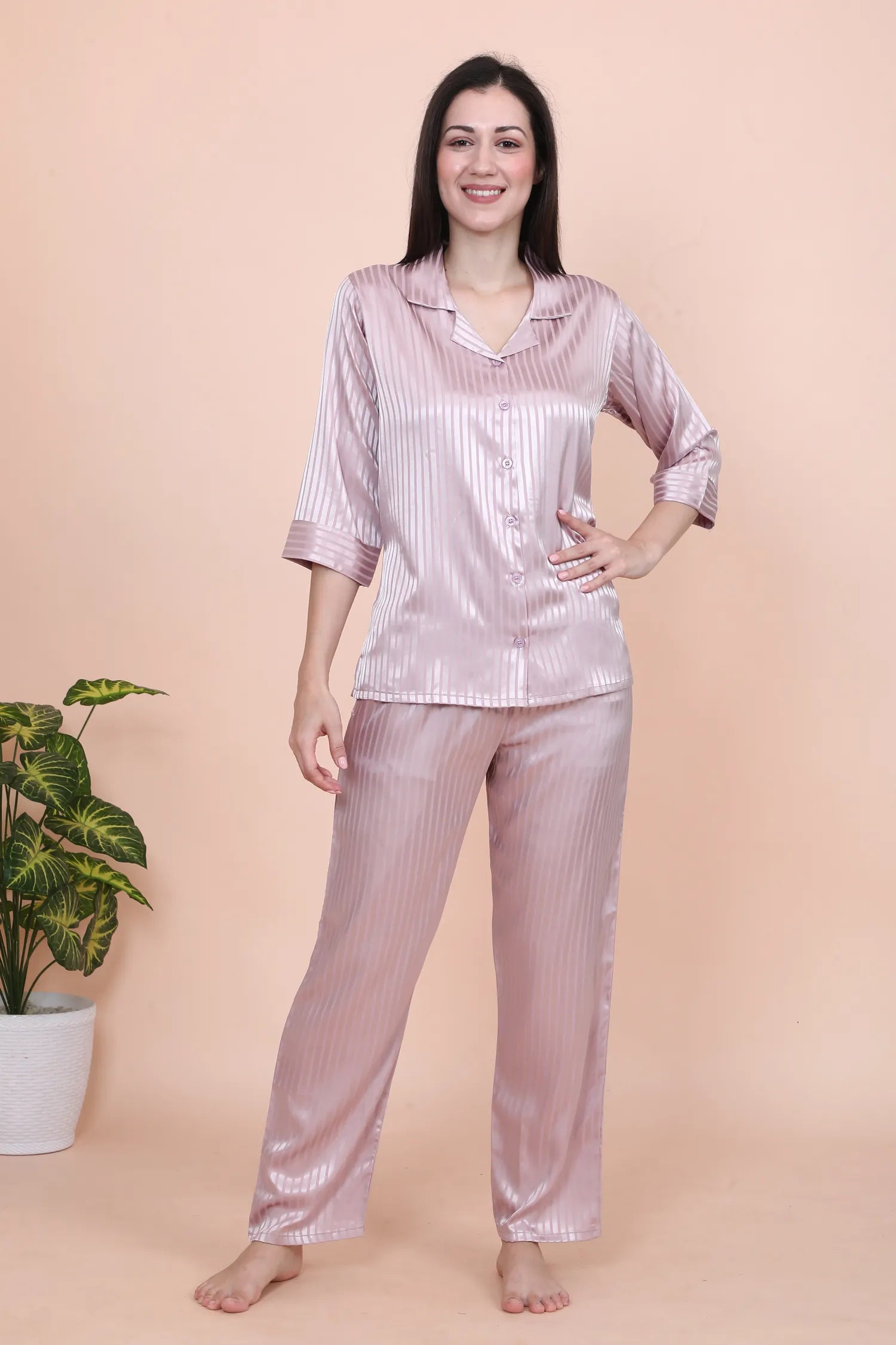 Velure Peach Casual Stripes Satin Night Suit