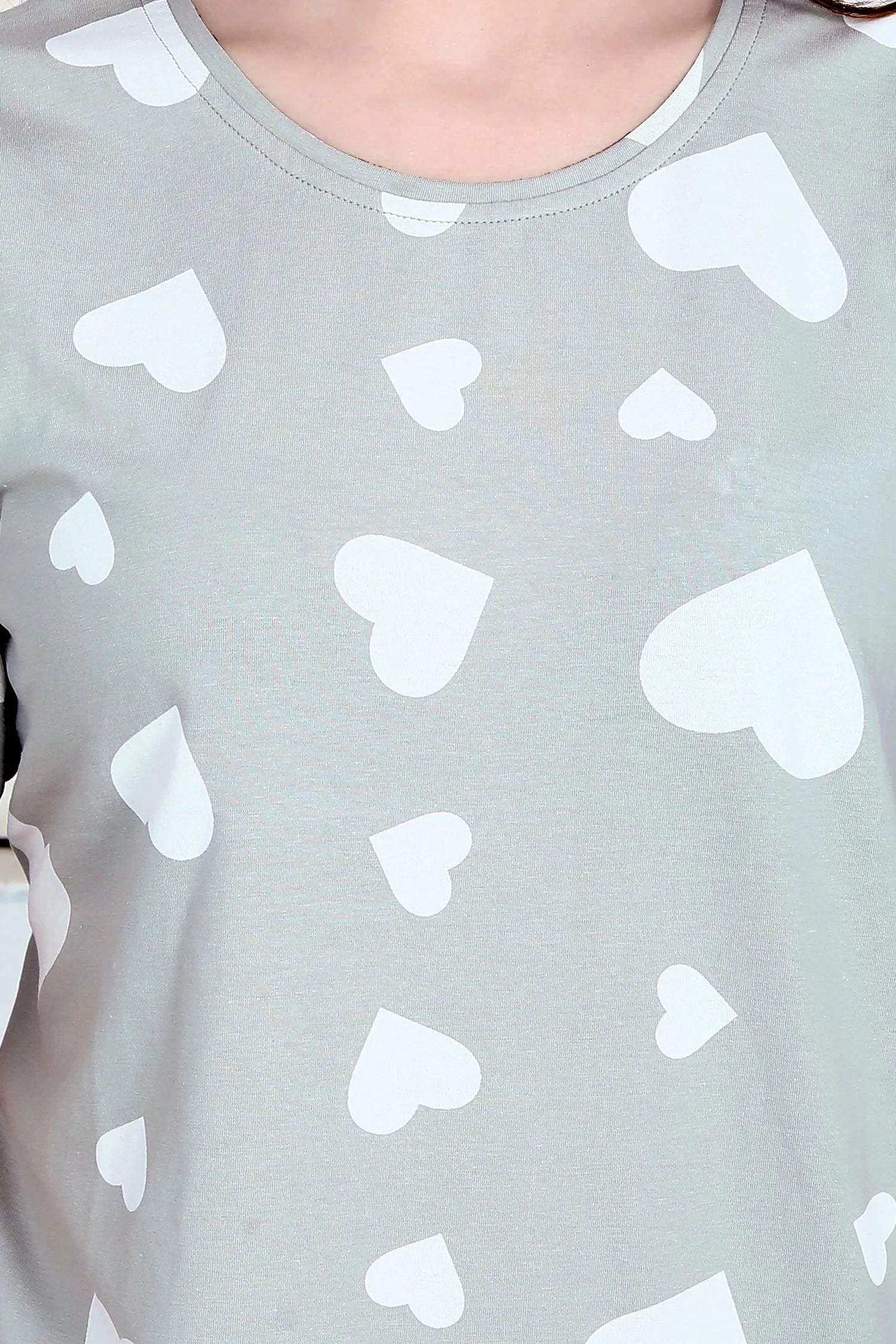 Velure Fashionable All-Over Heart Print Short Nighty - Velure - - Cotton, Half Sleeves, Knee Length, Printed, Round neck