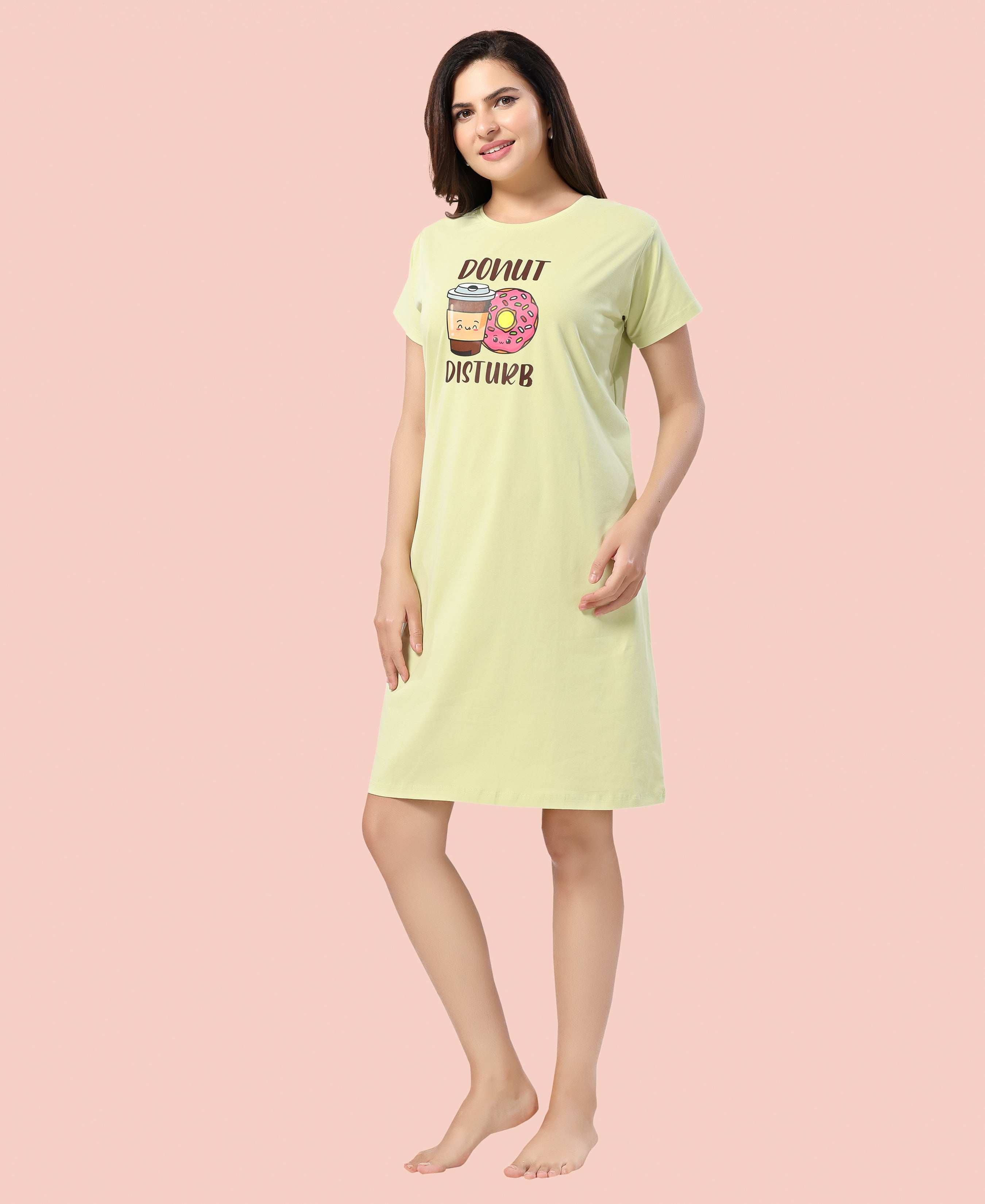 Velure Relaxed Donut Print Short Nighty - Velure - - Cotton, Half Sleeves, Knee Length, Printed, Round neck