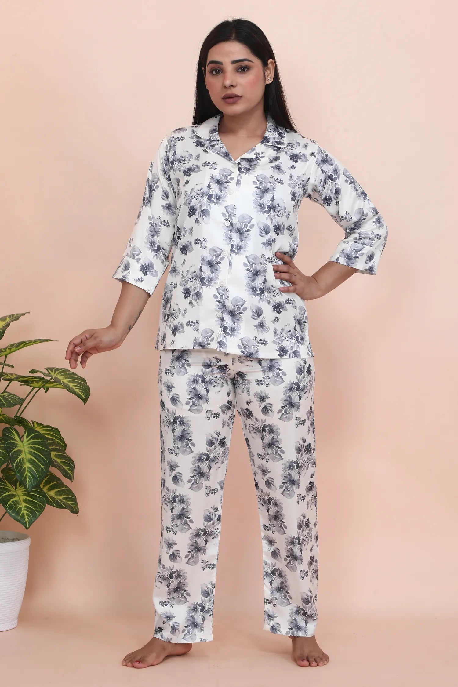 Velure Luxurious Cream Satin Night Suit - Velure - - 3/4 Sleeves, Collar Neck, Floral Print, Front Button Open, Full Length Pant, Satin