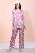 Velure Pink Floral Print Satin Night Suit - Velure - - Floral Print, Front Button Open, Full Length Pant, Satin, V Neck