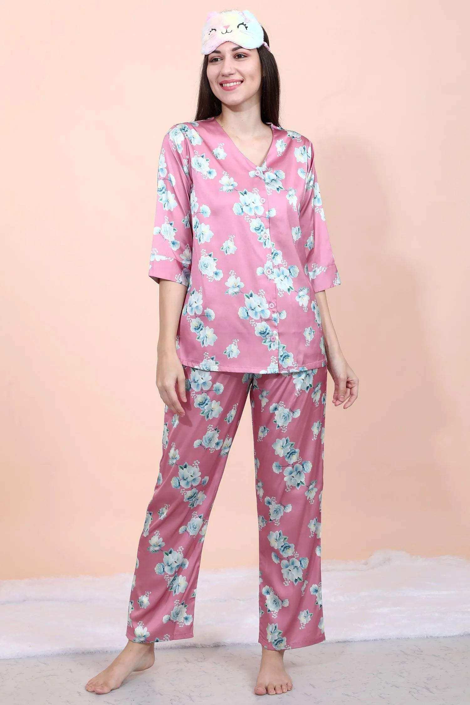 Velure Pink Floral Print Satin Night Suit - Velure - - Floral Print, Front Button Open, Full Length Pant, Satin, V Neck