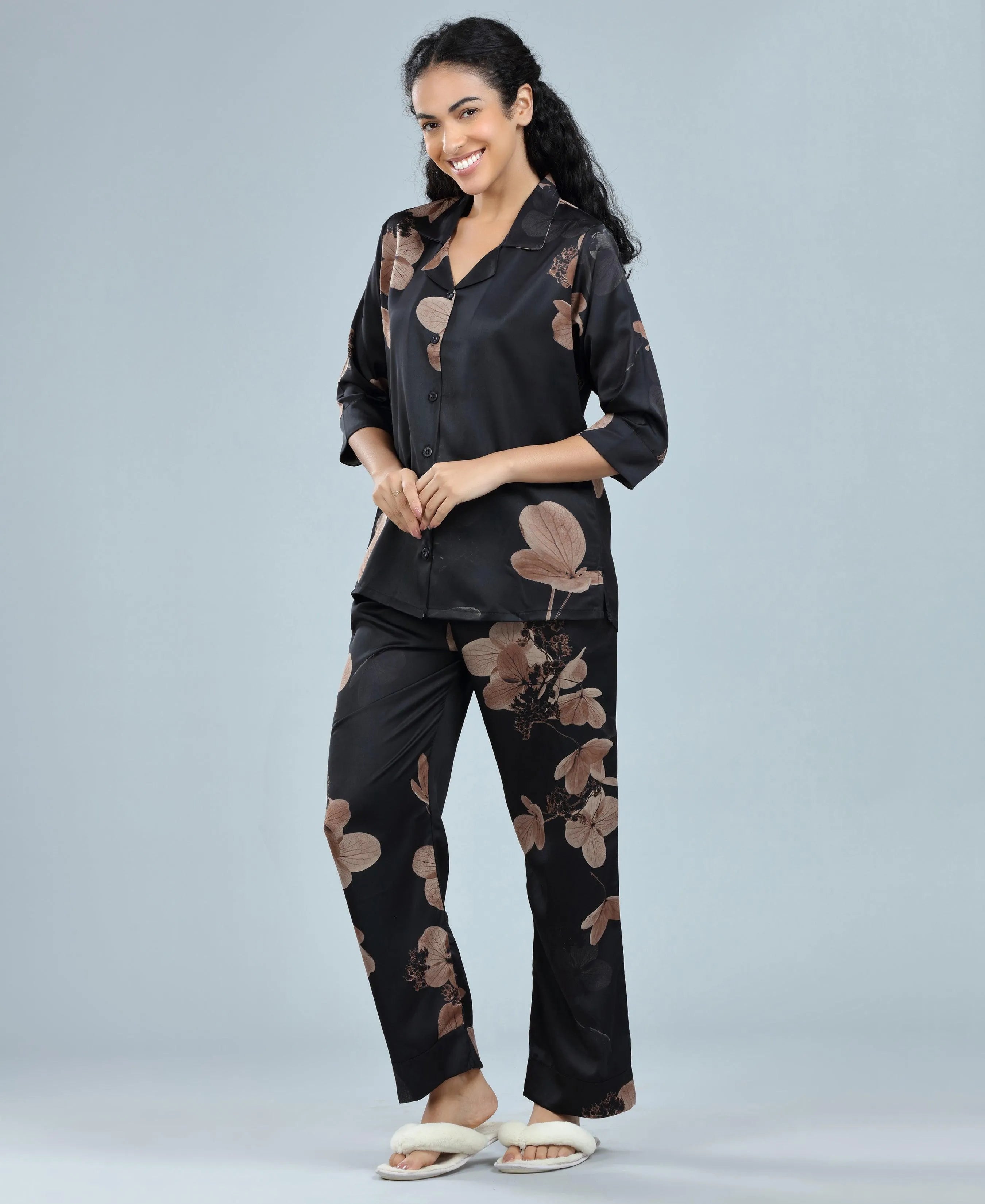 Velure Glossy Black Floral Print Satin Night Suit - Velure - Long Top and Pant - 3/4 Sleeves, Collar Neck, Floral Print, Front Button Open, Full Length Pant, Satin