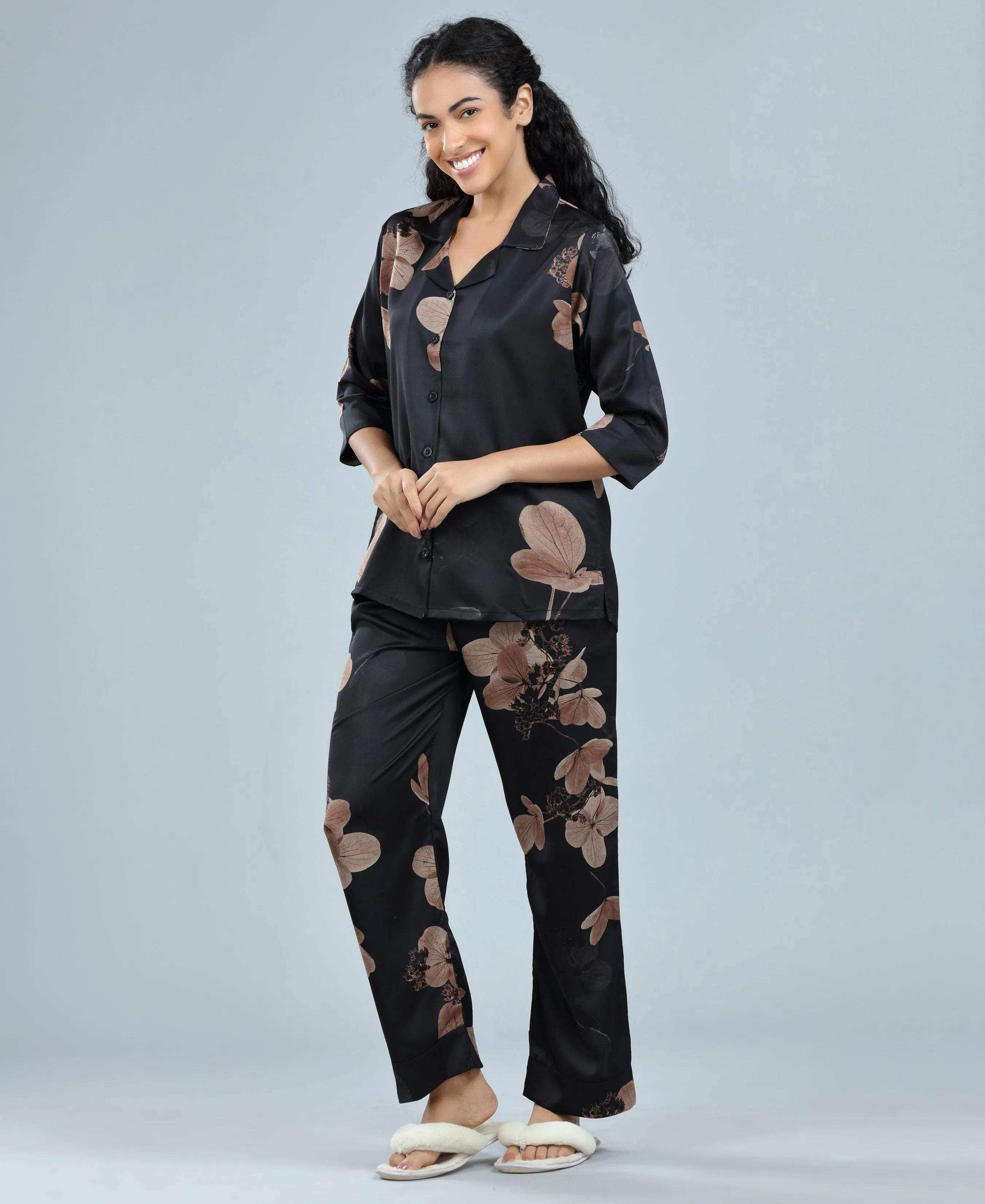 Velure Glossy Black Floral Print Satin Night Suit - Velure - - 3/4 Sleeves, Collar Neck, Floral Print, Front Button Open, Full Length Pant, Satin