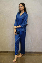 Velure Flerry Red Satin Night Suit - Velure - - 3/4 Sleeves, Collar Neck, Eye Mask, Front Button Open, Full Length Pant, Satin