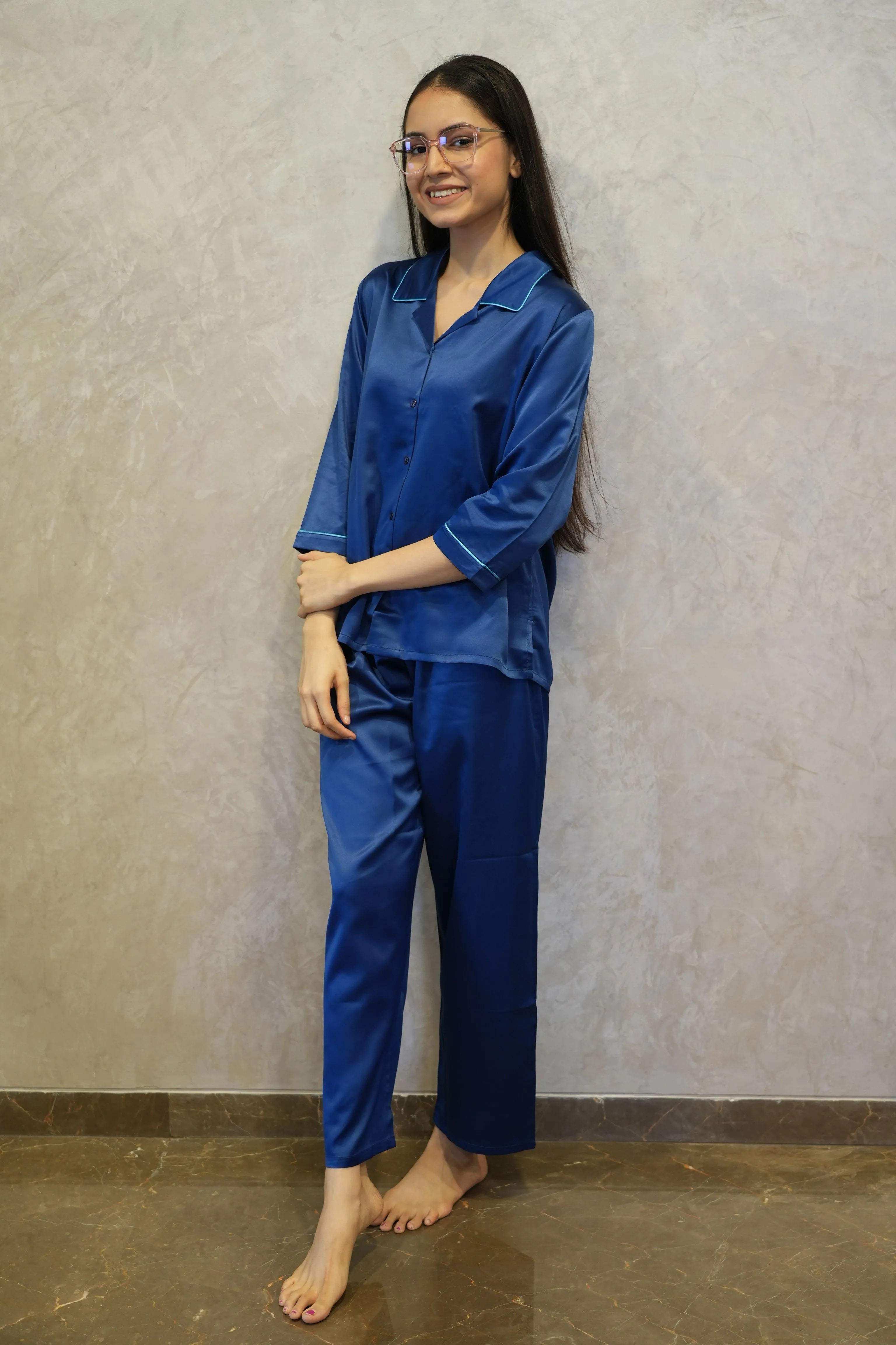 Velure Flerry Red Satin Night Suit - Velure - - 3/4 Sleeves, Collar Neck, Eye Mask, Front Button Open, Full Length Pant, Satin