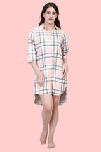 Velure Peach Checked Short Night Shirt - Velure - - 3/4 Sleeves, Collar Neck, Cotton, Front Button Open