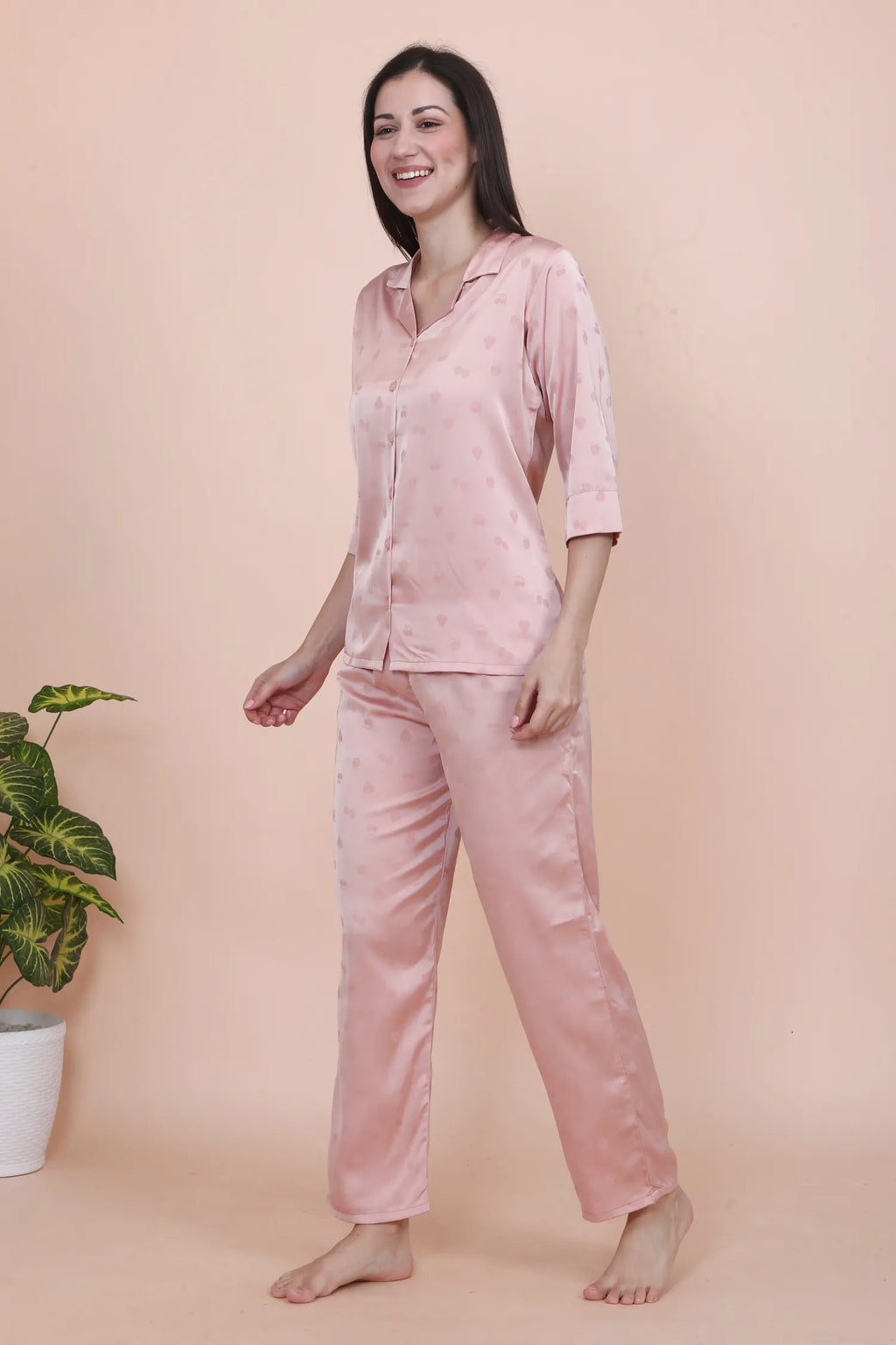 Velure Peach Cherry Print Satin Night Suit - Velure - - 3/4 Sleeves, Collar Neck, Front Button Open, Full Length Pant, Round neck, Satin