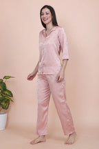 Velure Peach Cherry Print Satin Night Suit - Velure - - 3/4 Sleeves, Collar Neck, Front Button Open, Full Length Pant, Round neck, Satin