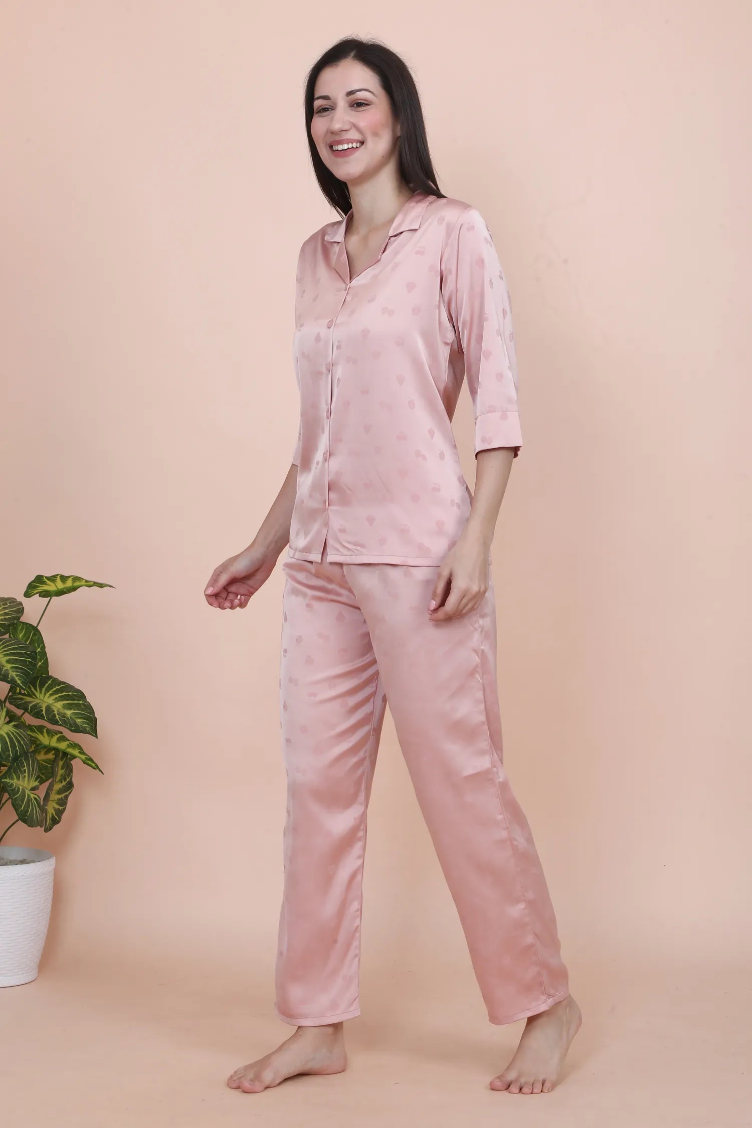 Velure Peach Cherry Print Satin Night Suit - Velure - - 3/4 Sleeves, Collar Neck, Front Button Open, Full Length Pant, Round neck, Satin