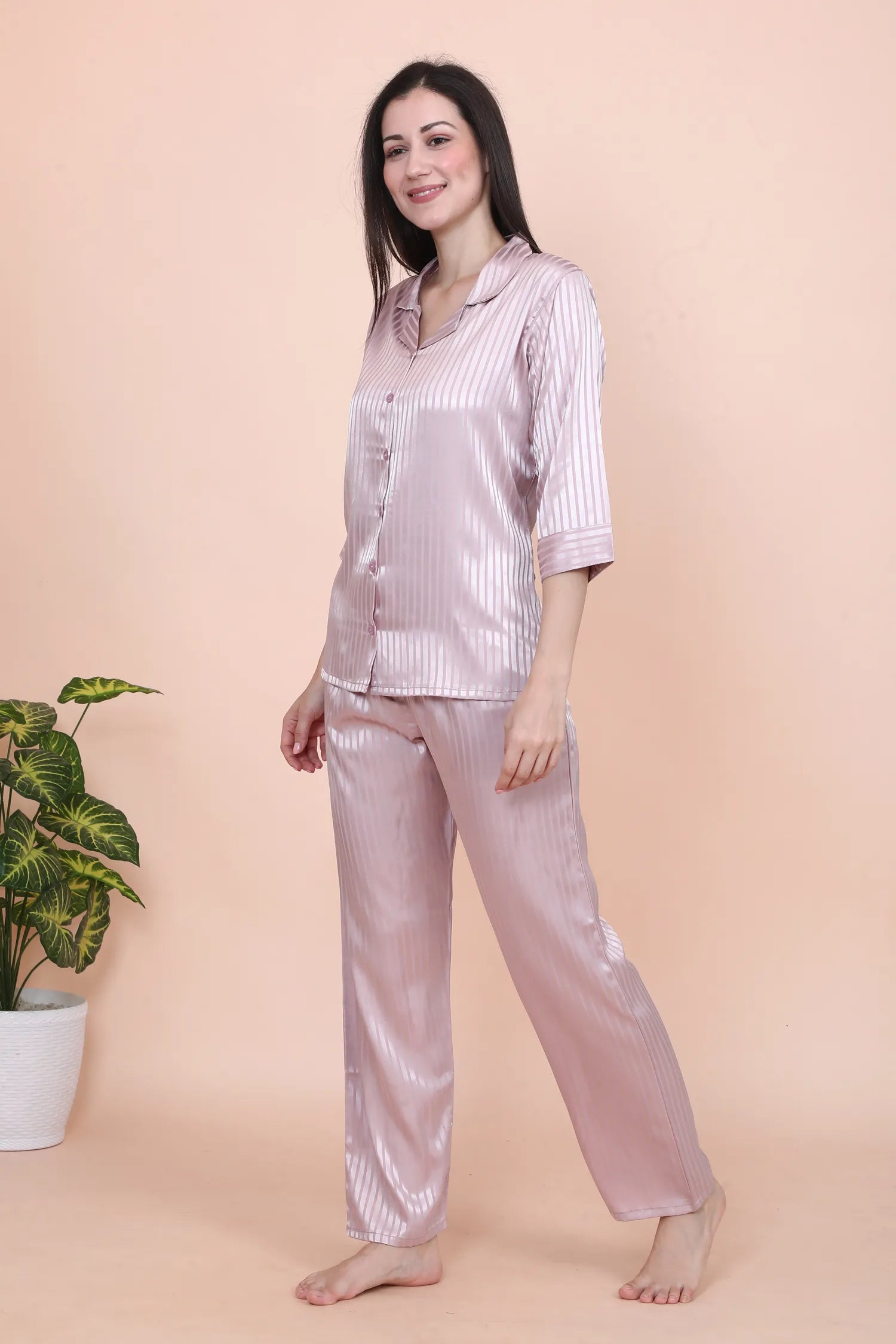 Velure Peach Casual Stripes Satin Night Suit