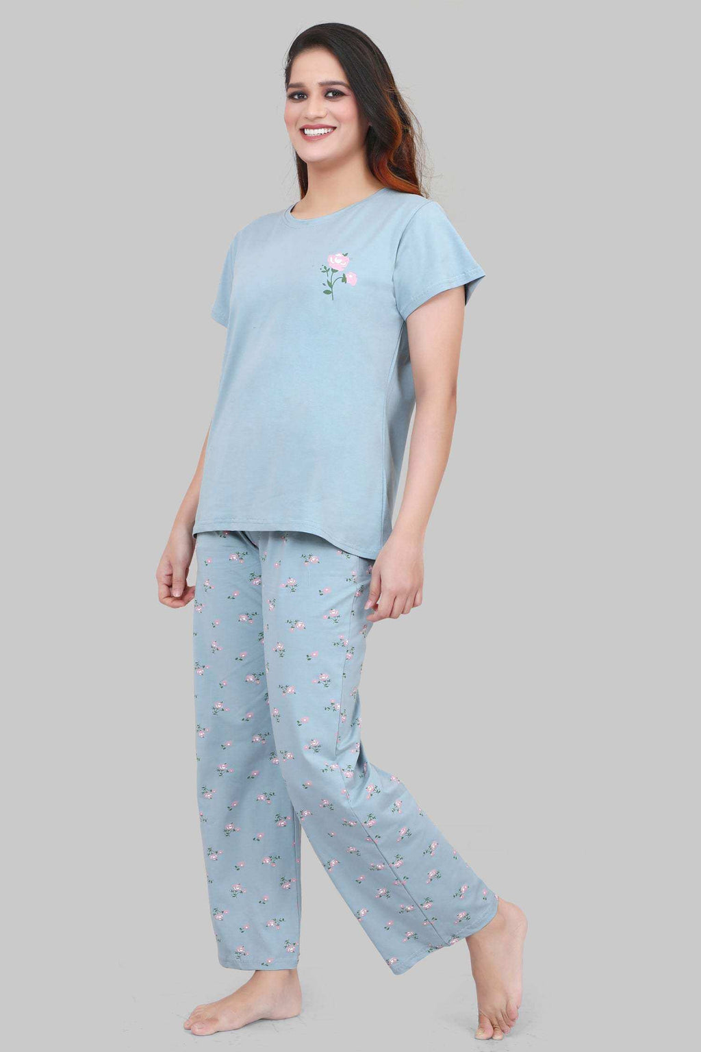 Velure Pleasant Floral Print Pajama Set - Velure - - Cotton Lycra Fabric, Floral Print, Full Length Pant, Half Sleeves, Round neck nightsuit
