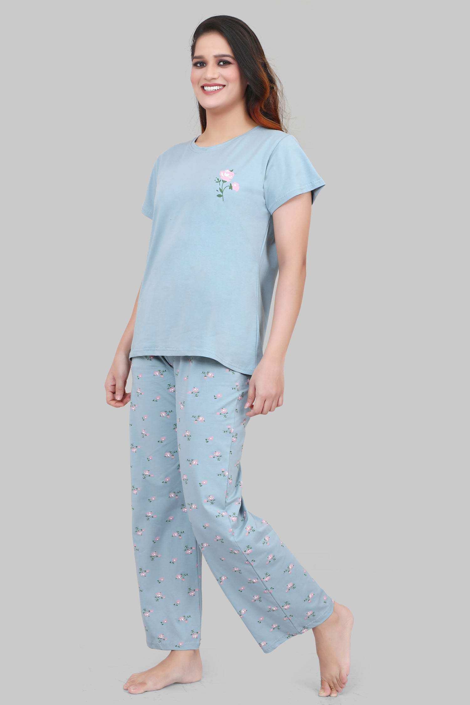 Velure Pleasant Floral Print Pajama Set - Velure - - Cotton Lycra Fabric, Floral Print, Full Length Pant, Half Sleeves, Round neck nightsuit
