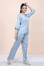 Velure Ethnic Bow Print Satin Night Suit - Velure - - 3/4 Sleeves, Collar Neck, Front Button Open, Full Length Pant, Satin