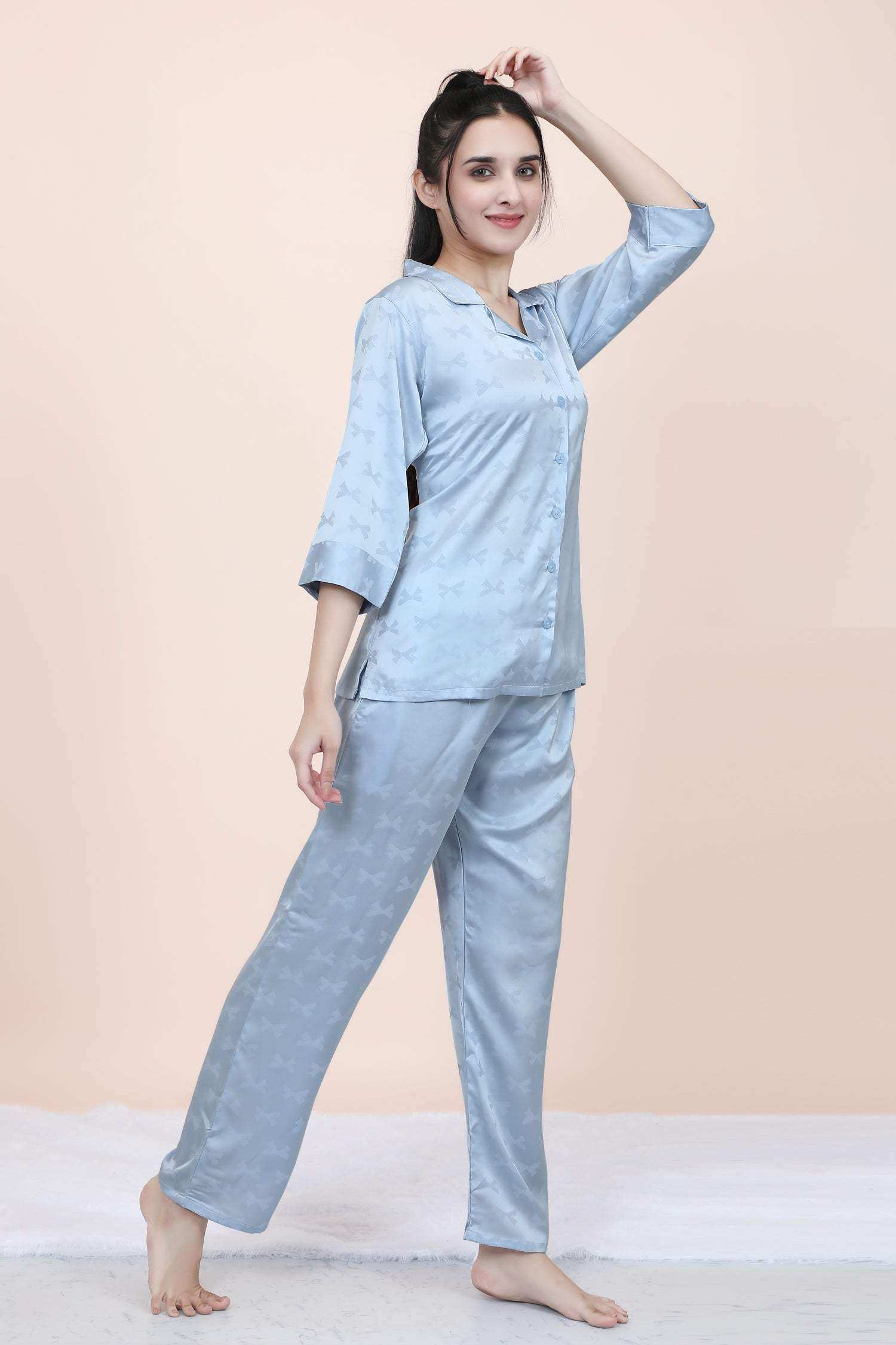 Velure Ethnic Bow Print Satin Night Suit - Velure - - 3/4 Sleeves, Collar Neck, Front Button Open, Full Length Pant, Satin