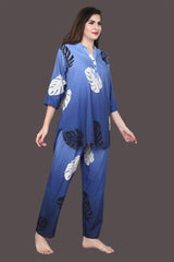 Velure Bold Leaf Print Kurti Style Night Suit - Velure - Long Top and Pant - 3/4 Sleeves, Collar Neck, Full Length Pant, Linen, Printed