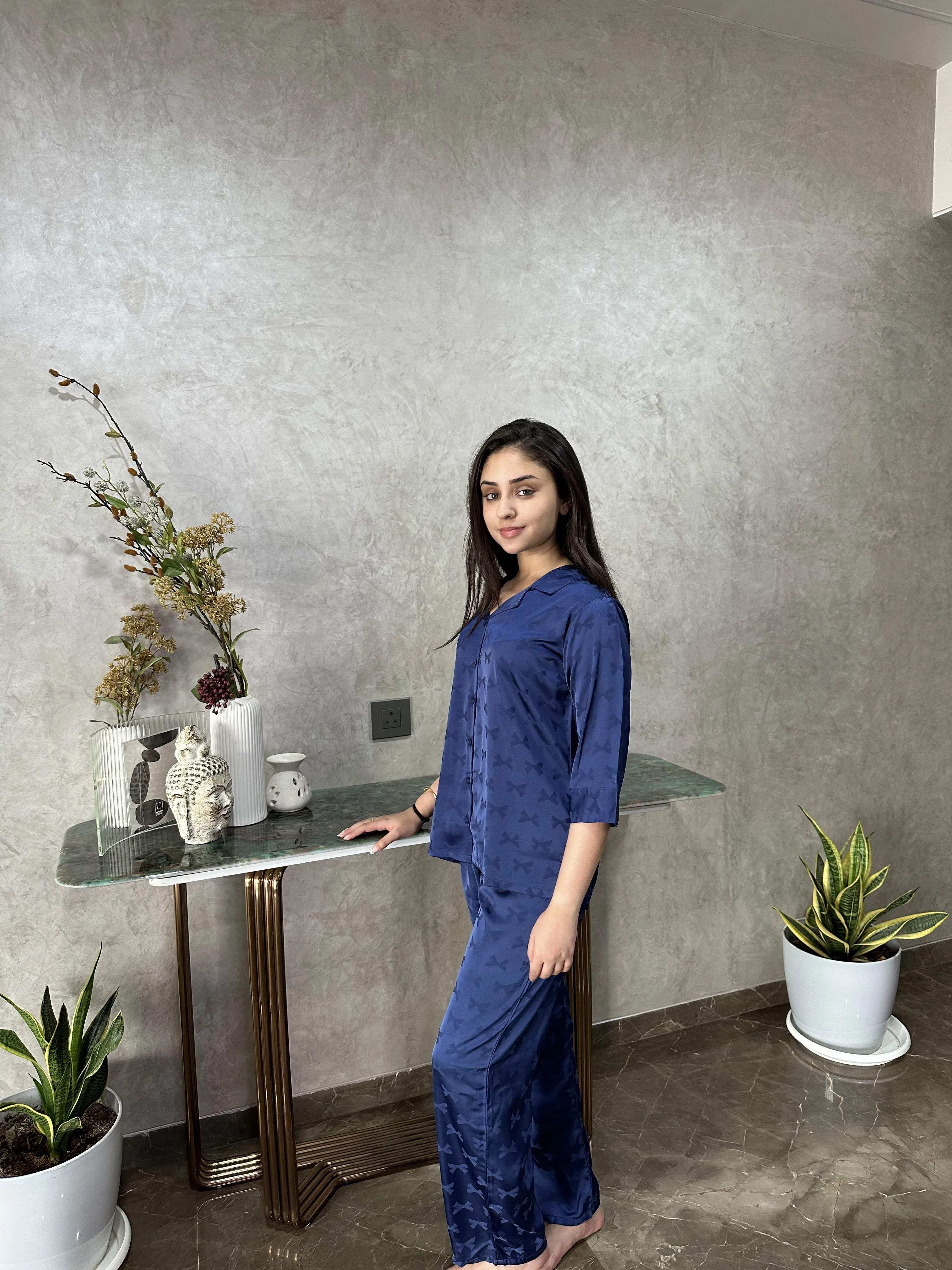 Velure Ribbin Bow Satin Print Satin Night Suit - Velure - - 3/4 Sleeves, Collar Neck, Front Button Open, Full Length Pant, Satin