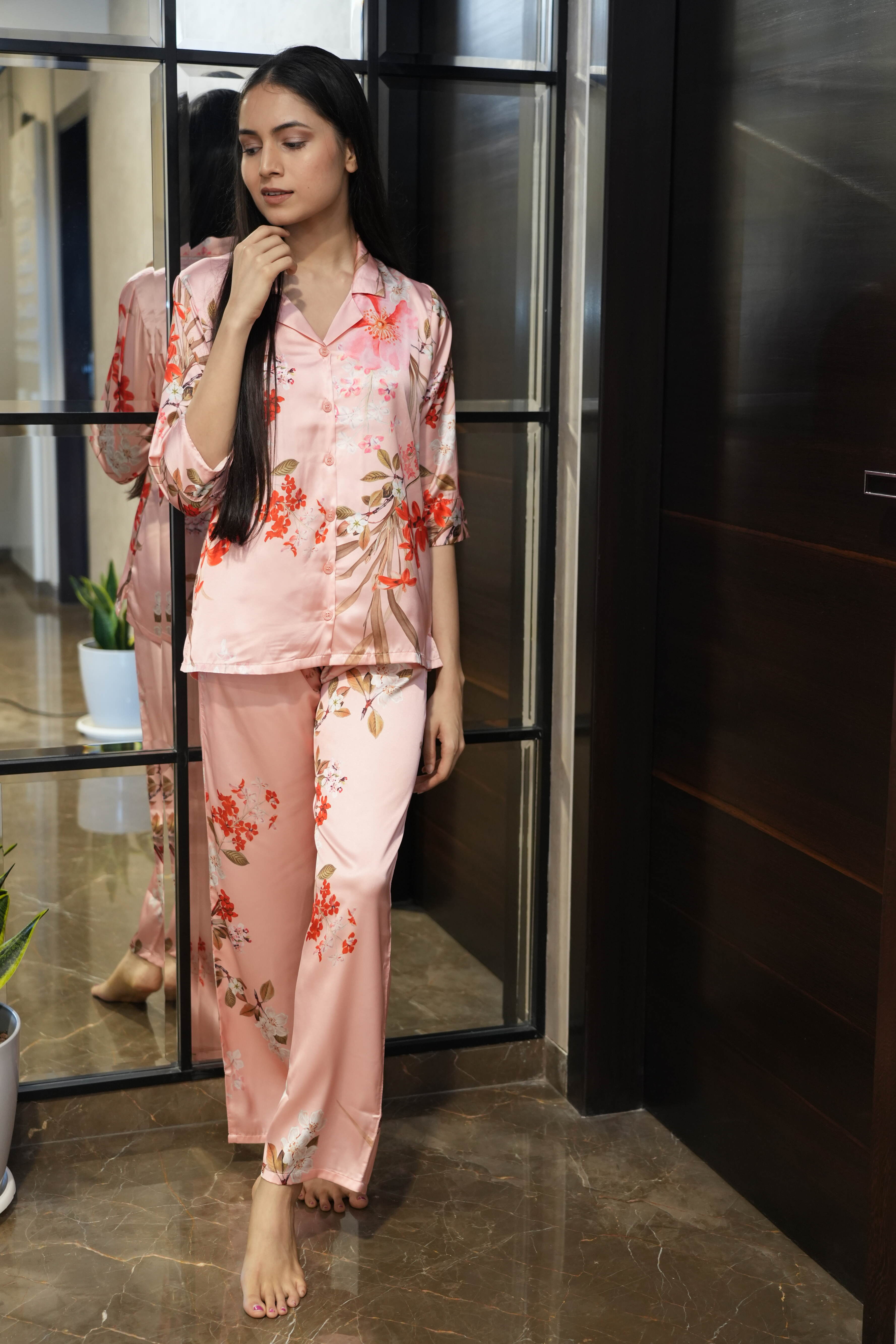 Velure Luxury Floral Print Night Suit - Velure - T-Shirt and Pants - 3/4 Sleeves, Collar Neck, Floral Print, Front Button Open, Full Length Pant, Satin