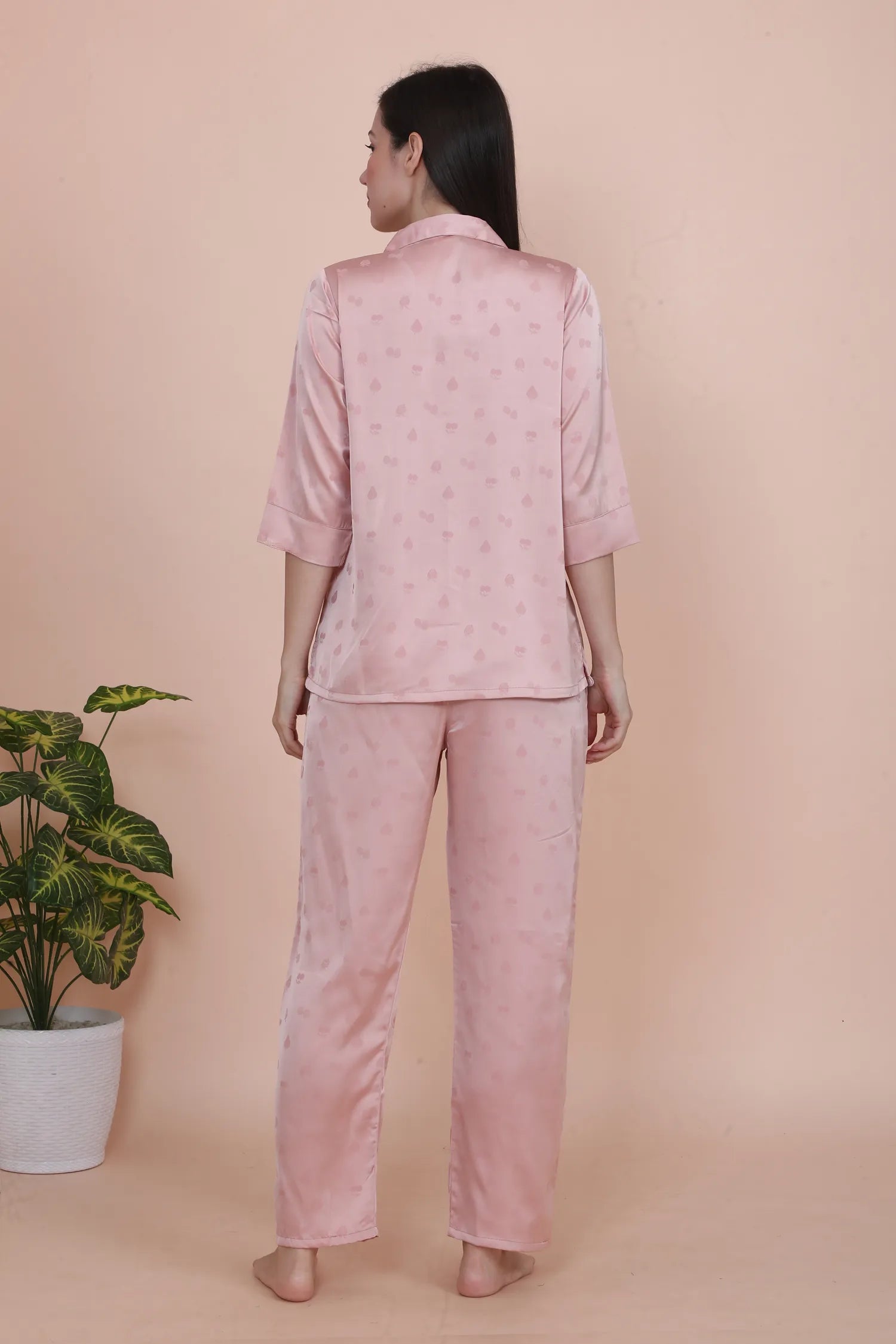 Velure Peach Cherry Print Satin Night Suit - Velure - - 3/4 Sleeves, Collar Neck, Front Button Open, Full Length Pant, Round neck, Satin