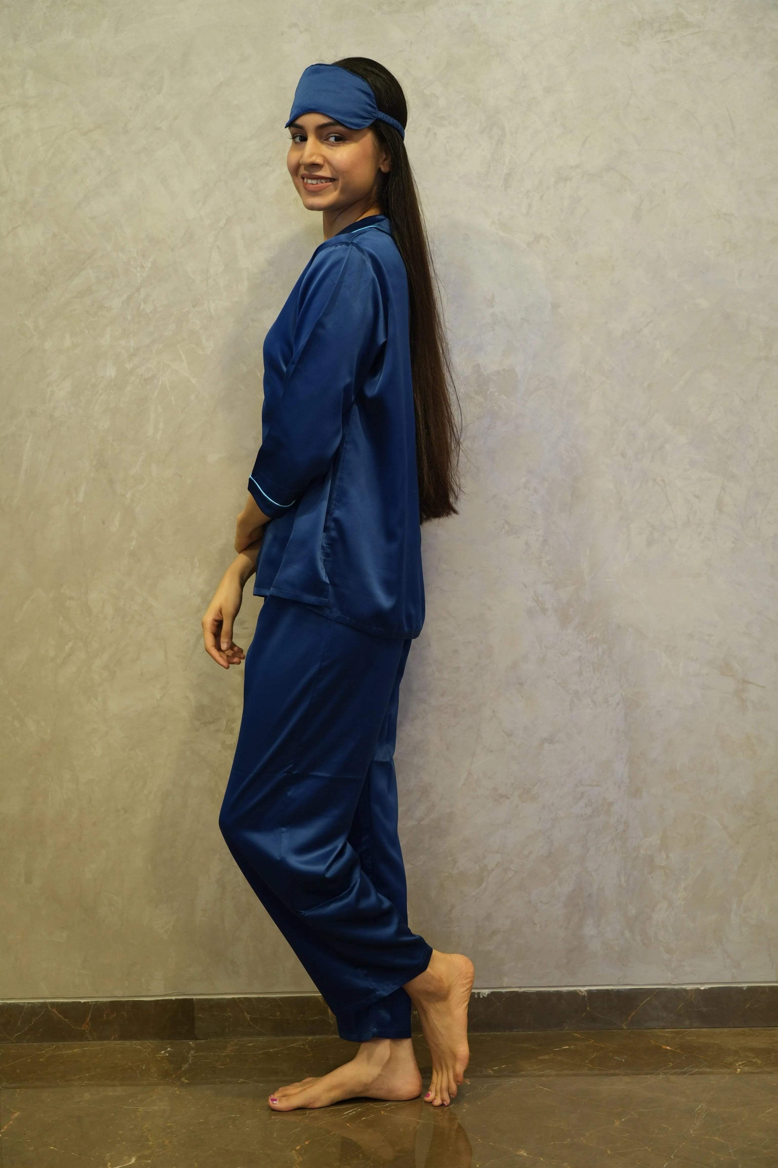 Velure Magnificent Satin Night Suit - Velure - - 3/4 Sleeves, Collar Neck, Eye Mask, Front Button Open, Full Length Pant, Satin