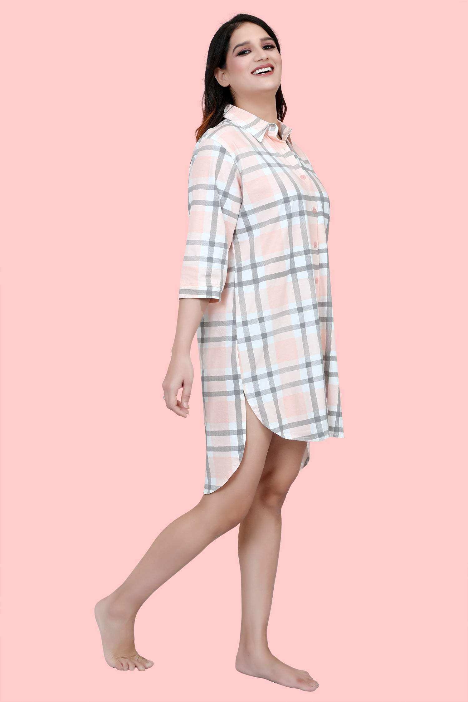 Velure Peach Checked Short Night Shirt - Velure - - 3/4 Sleeves, Collar Neck, Cotton, Front Button Open