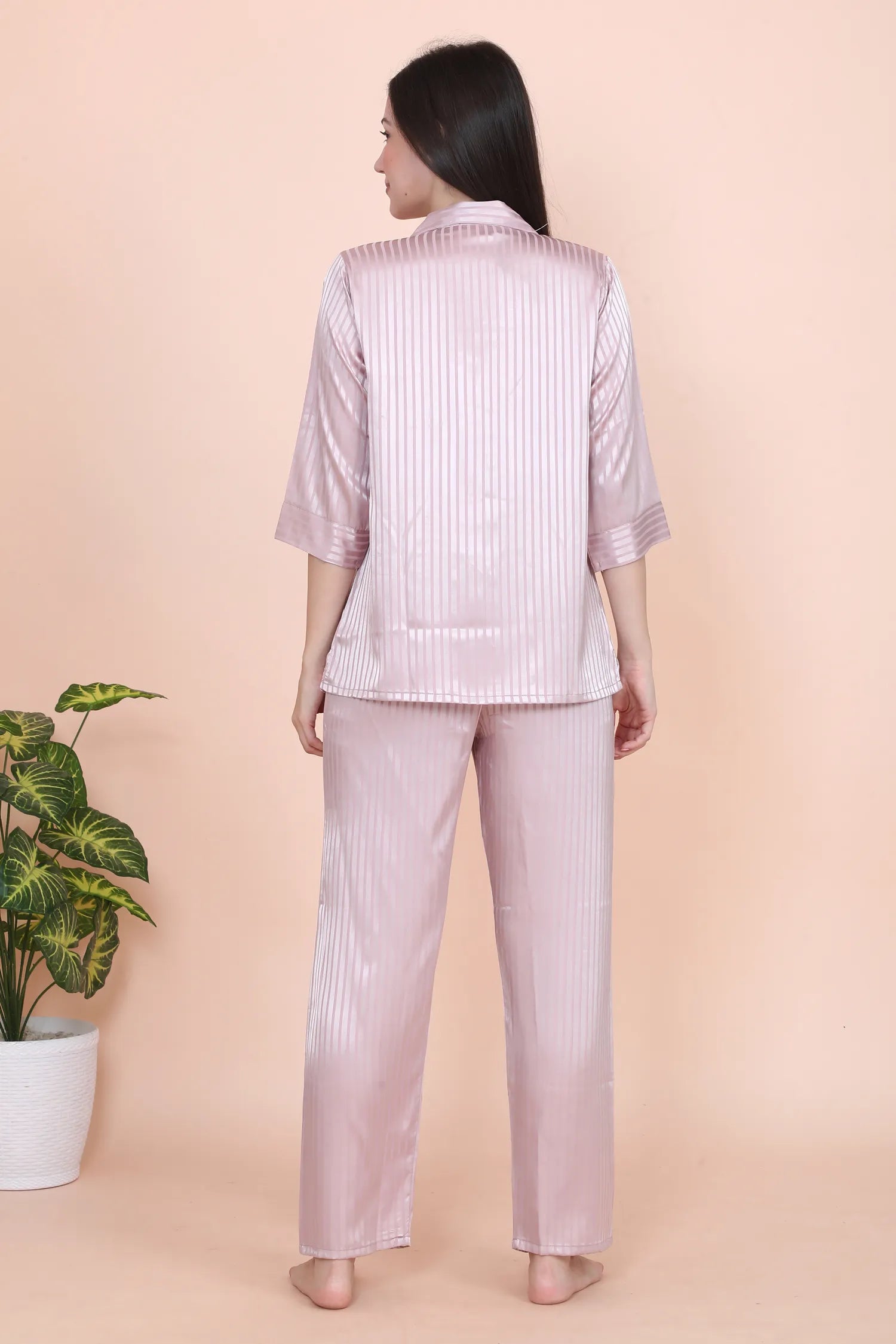 Velure Peach Casual Stripes Satin Night Suit
