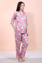 Velure Pink Floral Print Satin Night Suit - Velure - - Floral Print, Front Button Open, Full Length Pant, Satin, V Neck