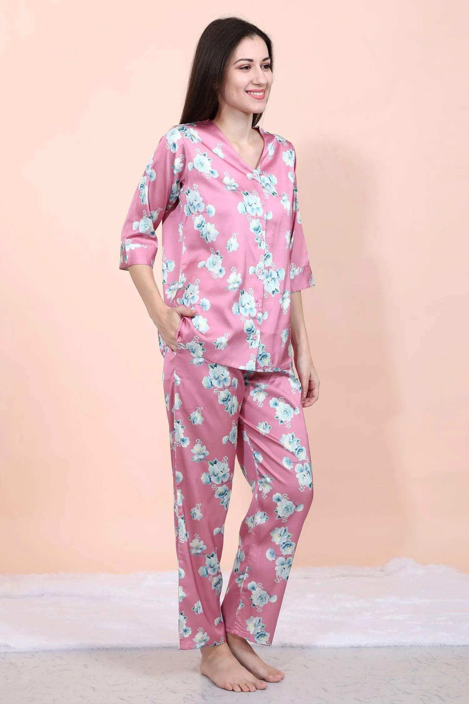 Velure Pink Floral Print Satin Night Suit - Velure - - Floral Print, Front Button Open, Full Length Pant, Satin, V Neck