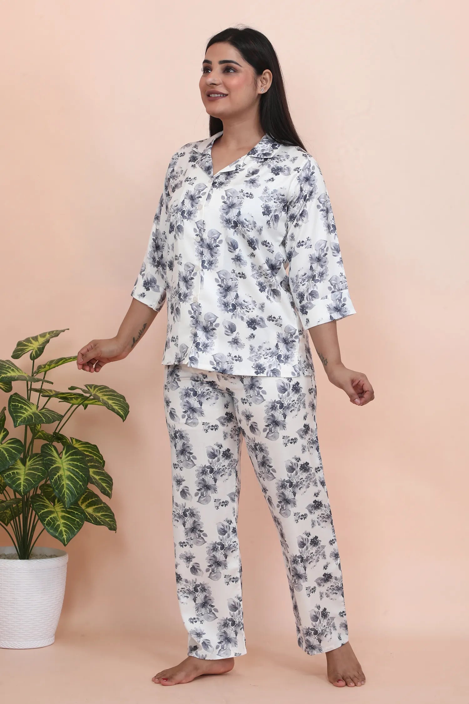 Velure Luxurious Cream Satin Night Suit - Velure - - 3/4 Sleeves, Collar Neck, Floral Print, Front Button Open, Full Length Pant, Satin