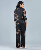 Velure Glossy Black Floral Print Satin Night Suit - Velure - - 3/4 Sleeves, Collar Neck, Floral Print, Front Button Open, Full Length Pant, Satin