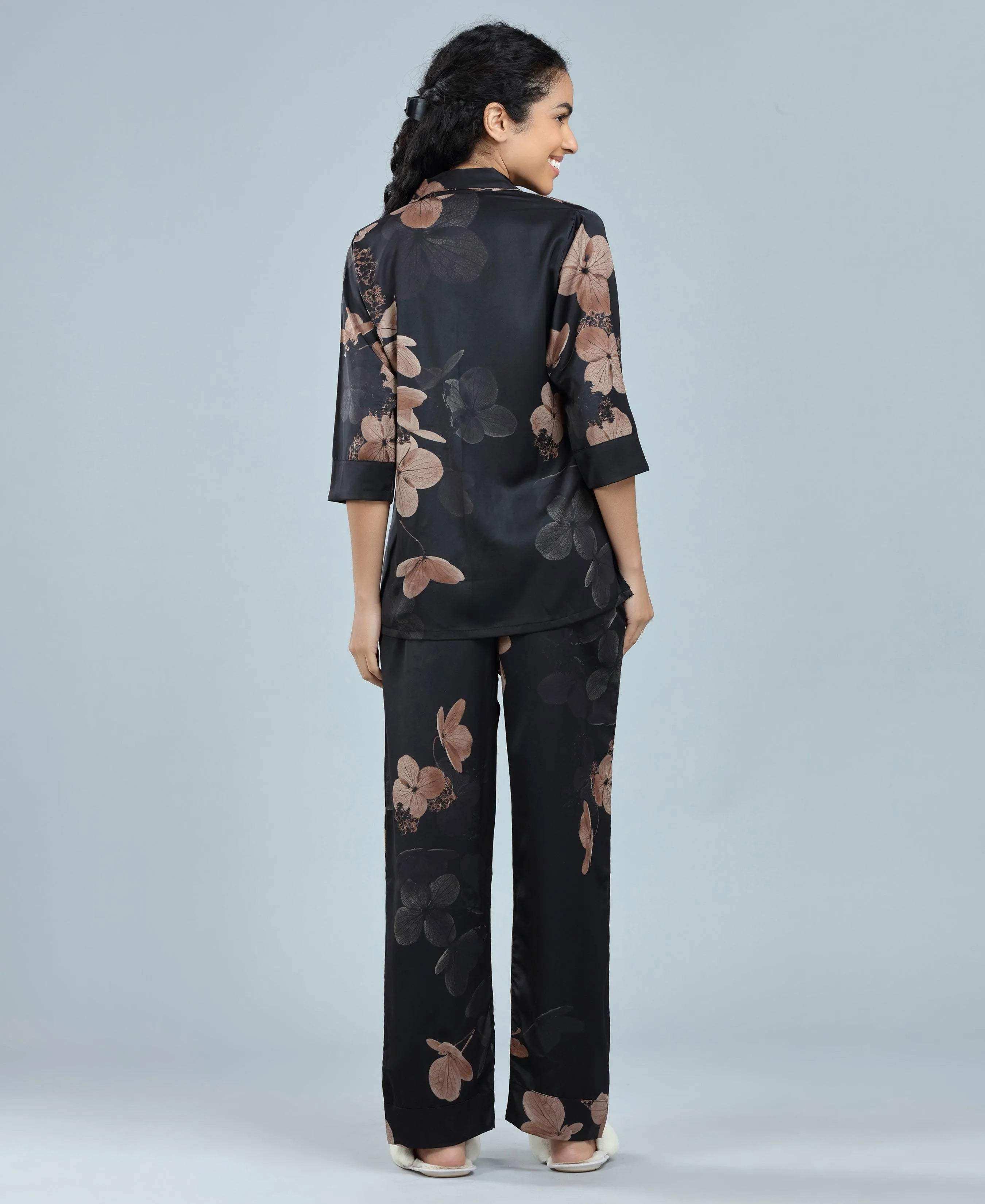 Velure Glossy Black Floral Print Satin Night Suit - Velure - - 3/4 Sleeves, Collar Neck, Floral Print, Front Button Open, Full Length Pant, Satin