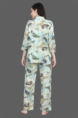 Velure Trendy Leaves Print Palazzo Co-ord Set - Velure - Long Top and Pant - 3/4 Sleeves, Collar Neck, Front Button Open, Full Length Pant, Linen