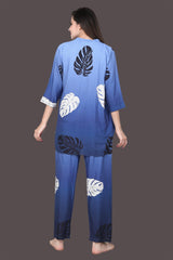 Velure Bold Leaf Print Kurti Style Night Suit - Velure - Long Top and Pant - 3/4 Sleeves, Collar Neck, Full Length Pant, Linen, Printed