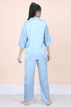 Velure Ethnic Bow Print Satin Night Suit - Velure - - 3/4 Sleeves, Collar Neck, Front Button Open, Full Length Pant, Satin