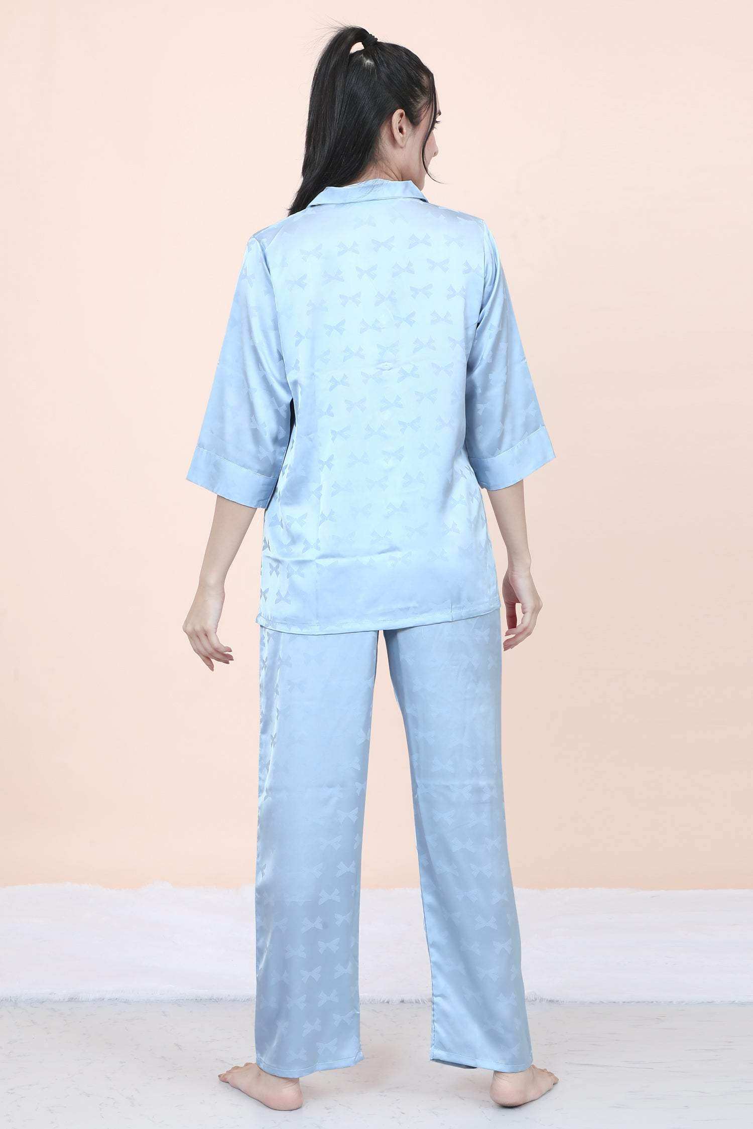 Velure Ethnic Bow Print Satin Night Suit - Velure - - 3/4 Sleeves, Collar Neck, Front Button Open, Full Length Pant, Satin