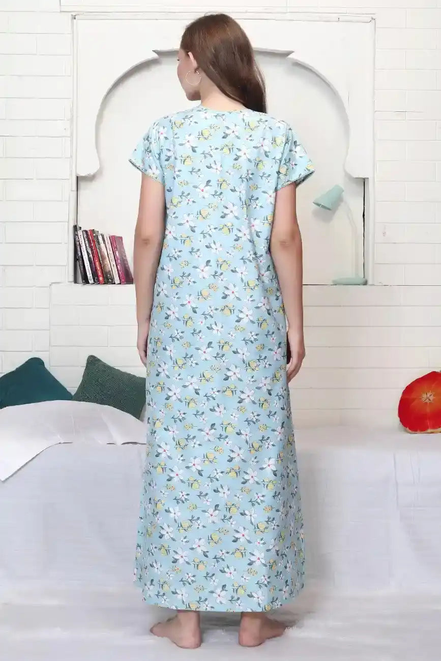 Velure Blue Floral Print Cotton Nighty