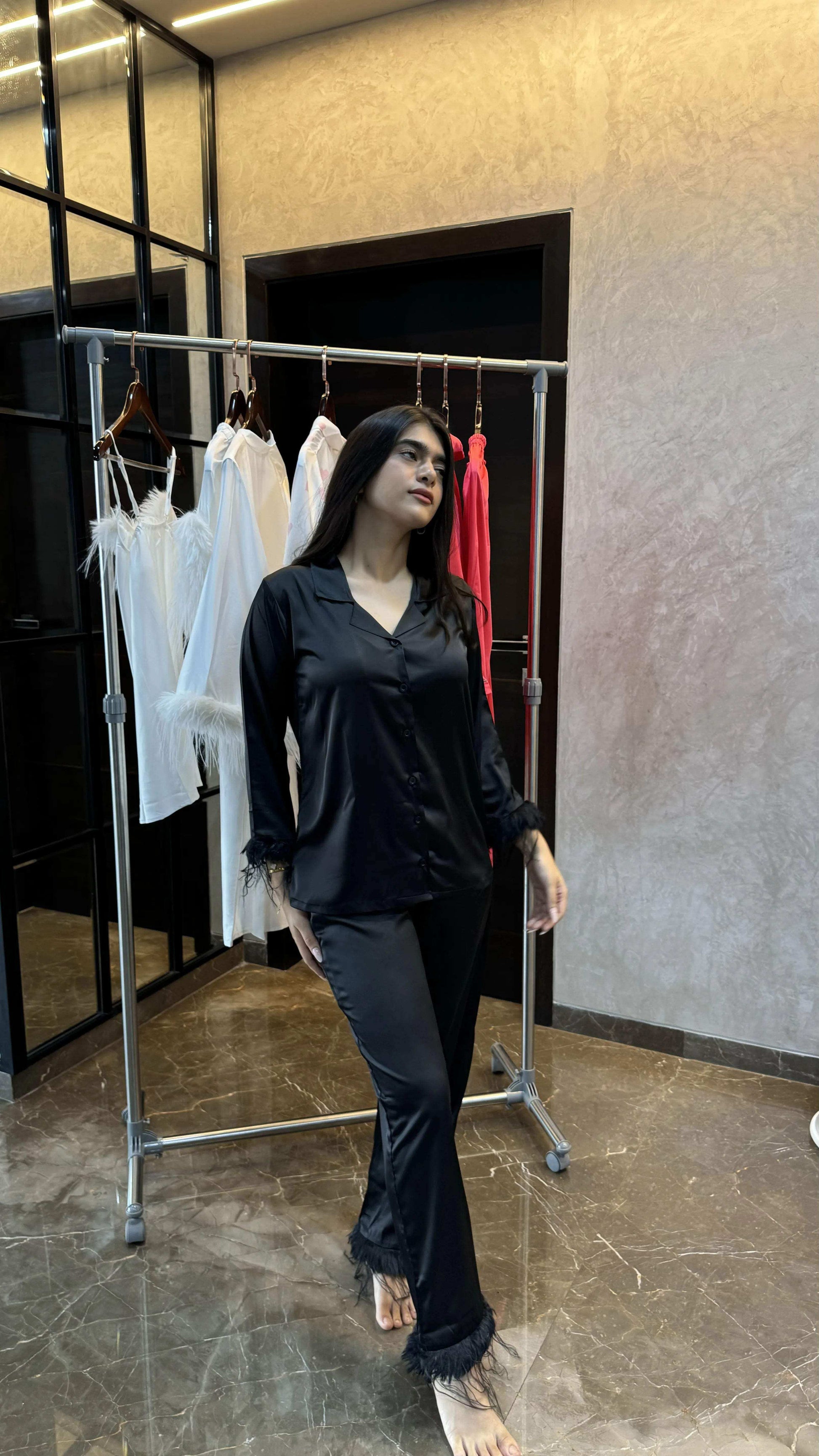 Velure Majestic Black Fur Night Suit - Velure - Shirt and Pant - Collar Neck, Front Button Open, Full Length Pant, Full Sleeves, Fur, Satin