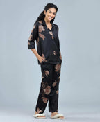Velure Glossy Black Floral Print Satin Night Suit - Velure - - 3/4 Sleeves, Collar Neck, Floral Print, Front Button Open, Full Length Pant, Satin