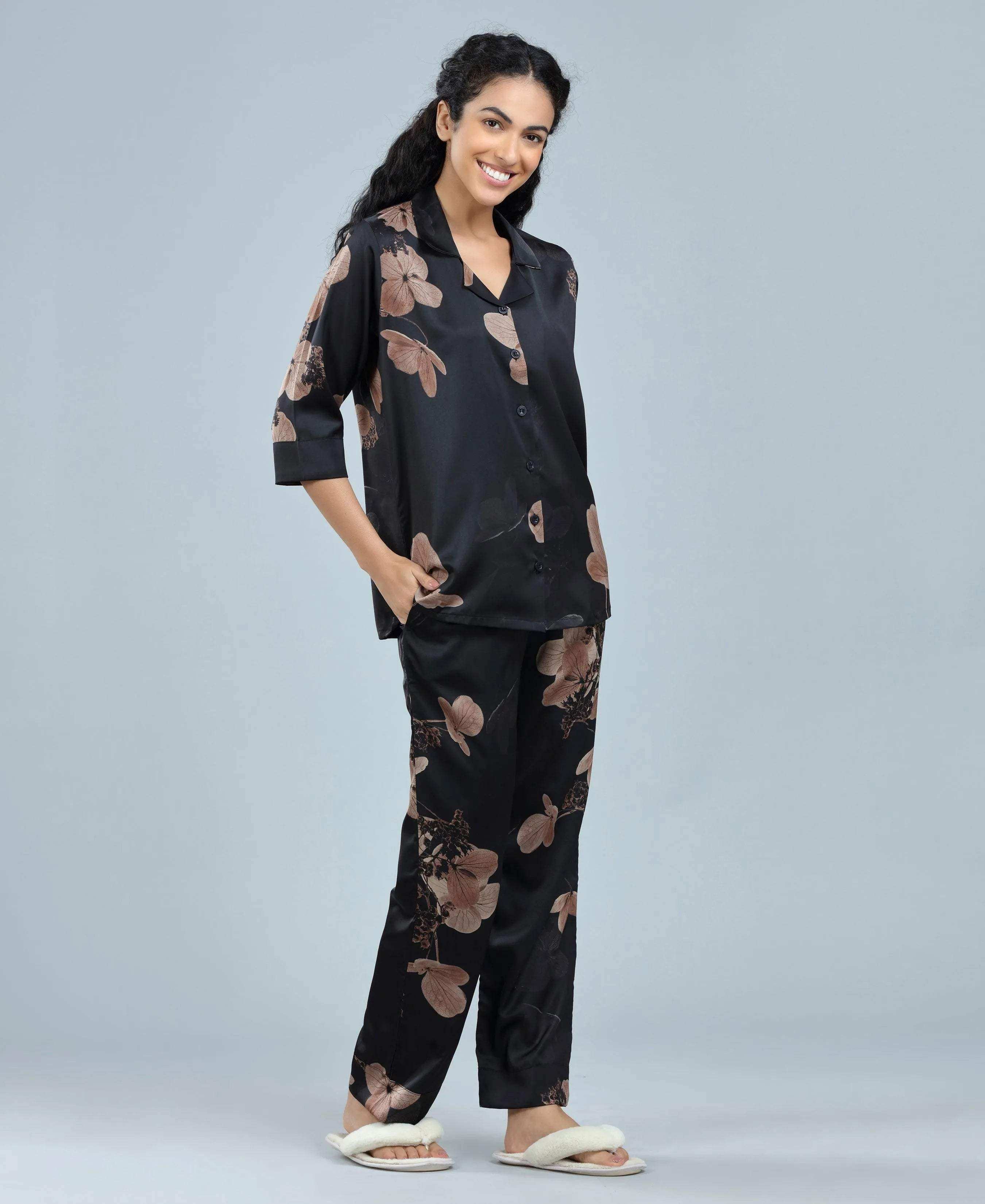 Velure Glossy Black Floral Print Satin Night Suit - Velure - - 3/4 Sleeves, Collar Neck, Floral Print, Front Button Open, Full Length Pant, Satin
