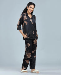 Velure Glossy Black Floral Print Satin Night Suit - Velure - Long Top and Pant - 3/4 Sleeves, Collar Neck, Floral Print, Front Button Open, Full Length Pant, Satin