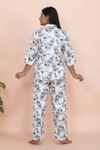 Velure Luxurious Cream Satin Night Suit - Velure - - 3/4 Sleeves, Collar Neck, Floral Print, Front Button Open, Full Length Pant, Satin