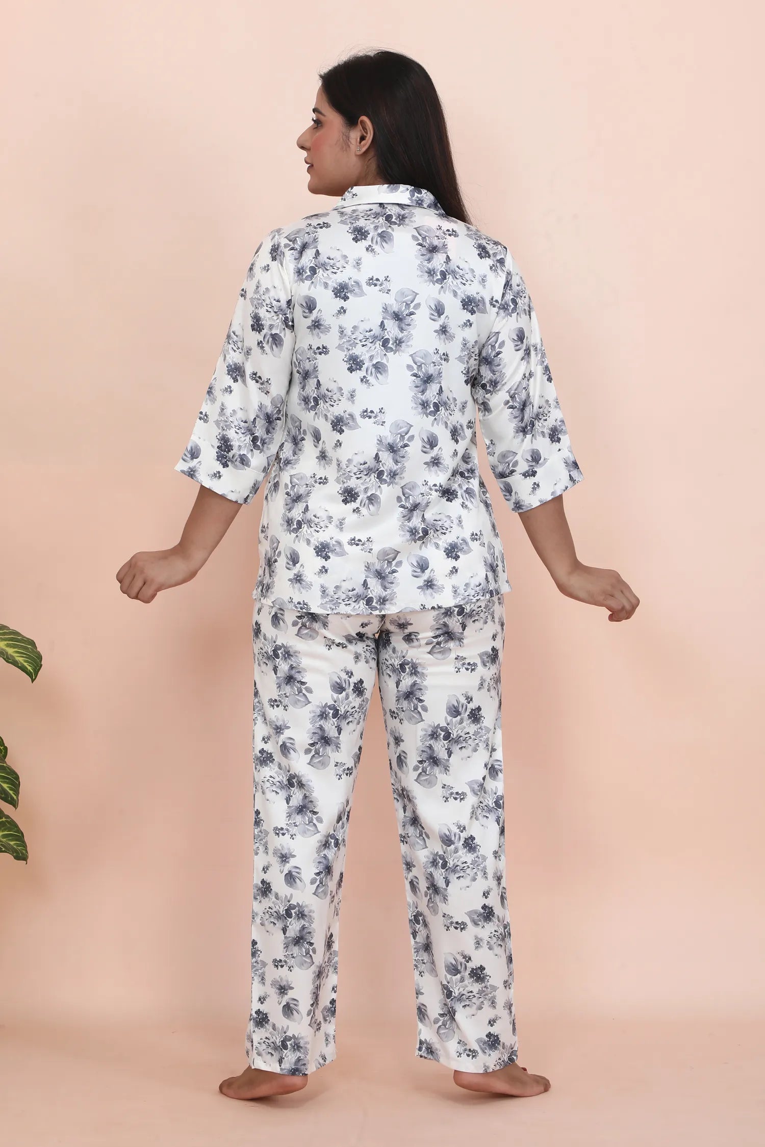 Velure Luxurious Cream Satin Night Suit - Velure - - 3/4 Sleeves, Collar Neck, Floral Print, Front Button Open, Full Length Pant, Satin