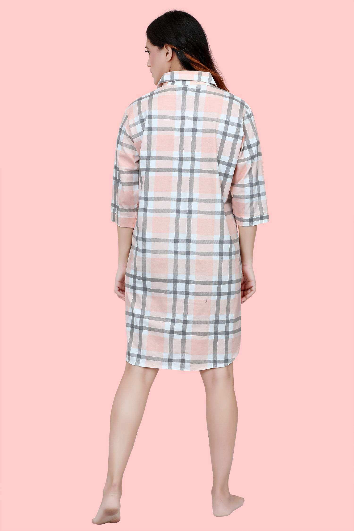 Velure Peach Checked Short Night Shirt - Velure - - 3/4 Sleeves, Collar Neck, Cotton, Front Button Open