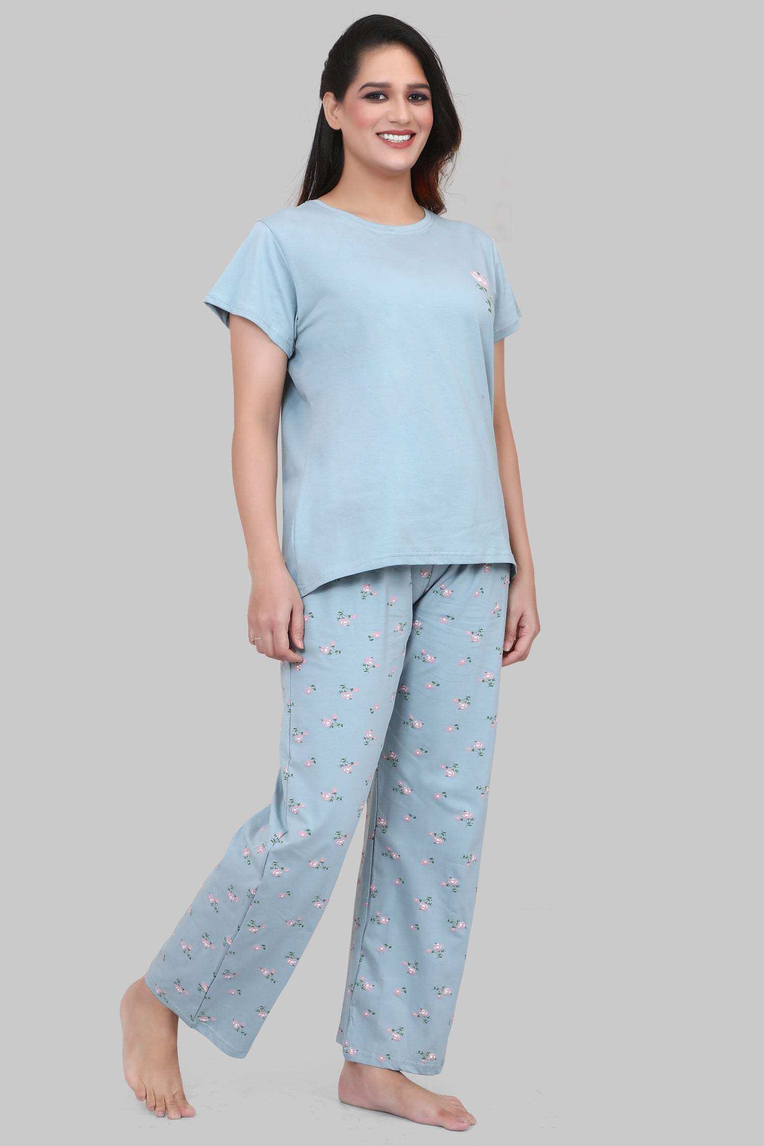 Velure Pleasant Floral Print Pajama Set - Velure - - Cotton Lycra Fabric, Floral Print, Full Length Pant, Half Sleeves, Round neck nightsuit