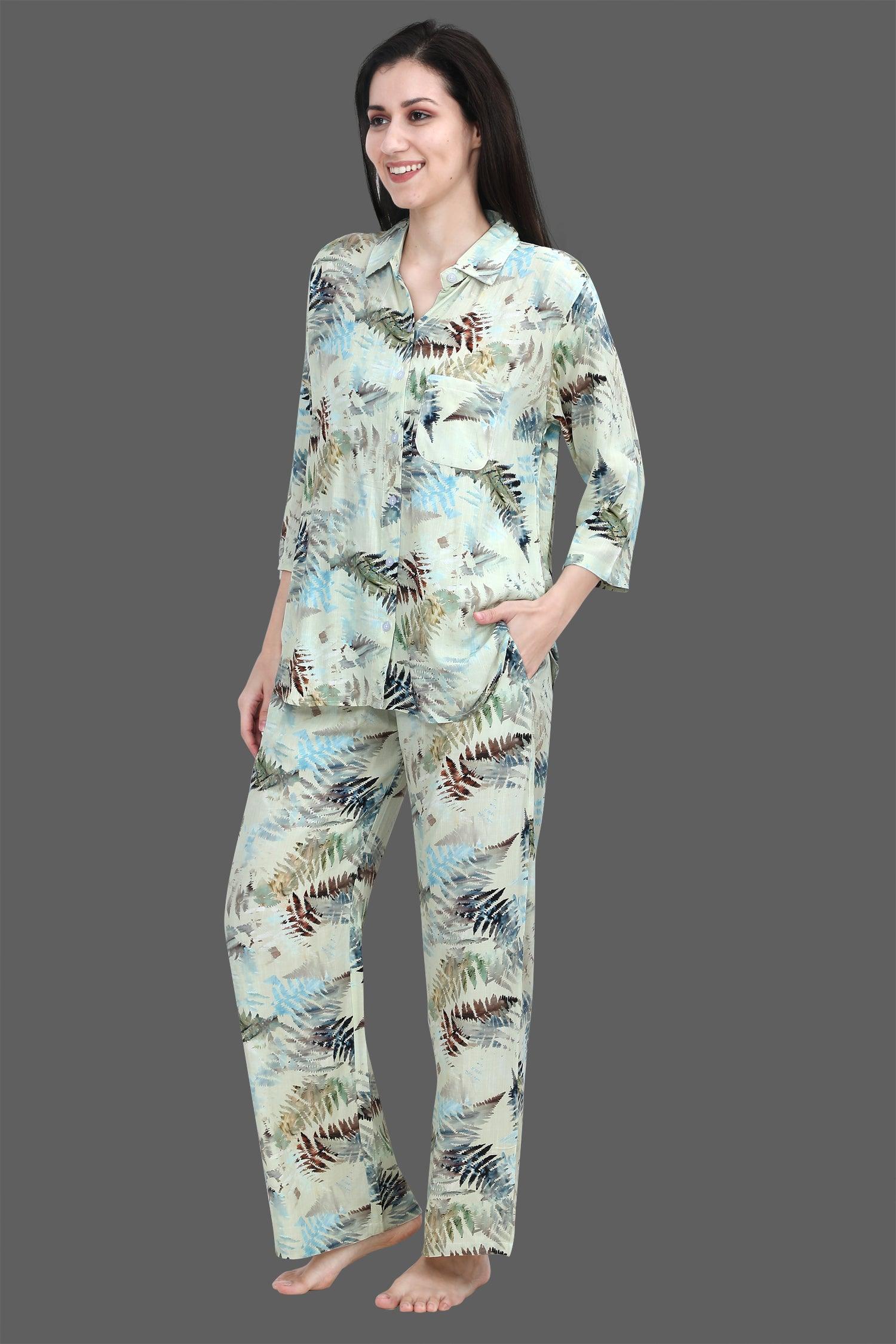 Velure Trendy Leaves Print Palazzo Co-ord Set - Velure - Long Top and Pant - 3/4 Sleeves, Collar Neck, Front Button Open, Full Length Pant, Linen